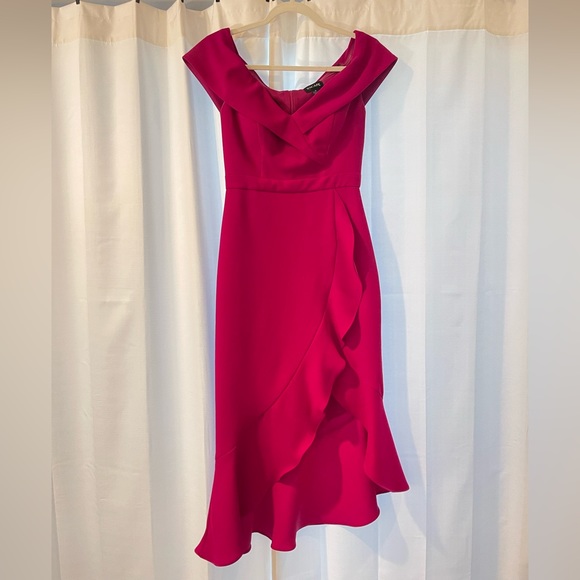 XSCAPE Off-The-Shoulder Midi Dress Magenta Pink Size 2 - Picture 2 of 2